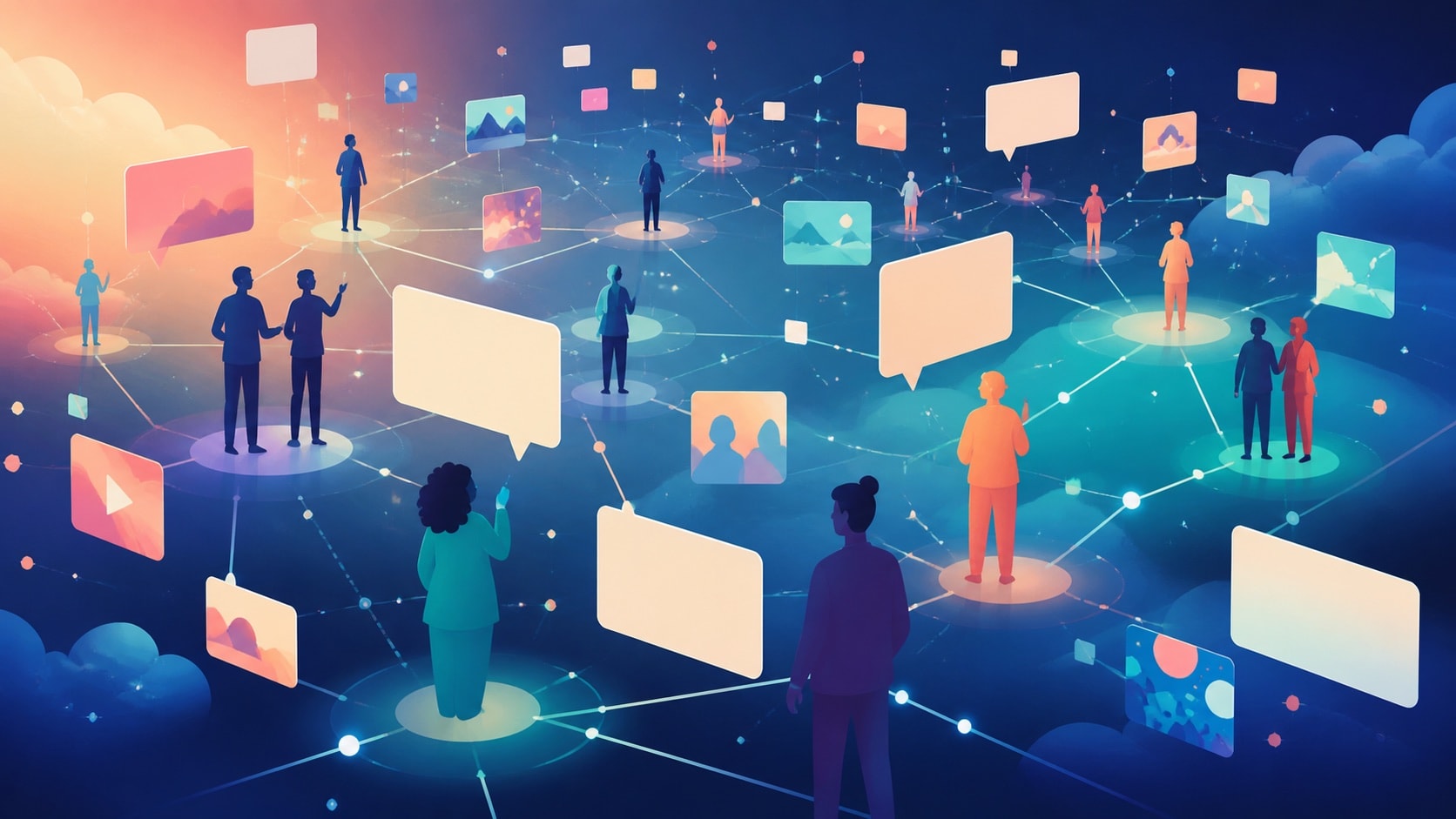 Connected community members represented by a colorful digital constellation